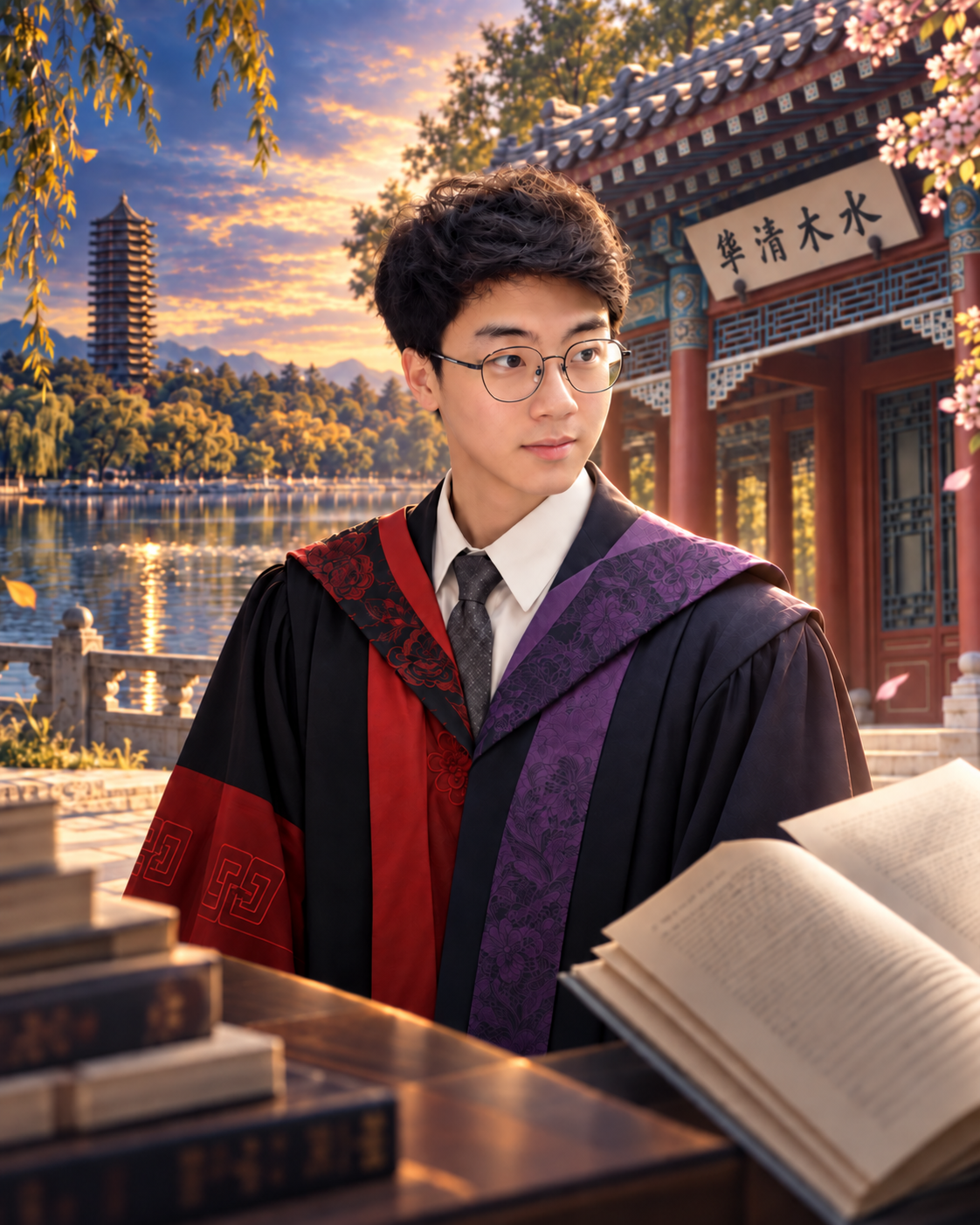 Graduation portrait of Hengrui Wang with Peking University and Tsinghua University elements